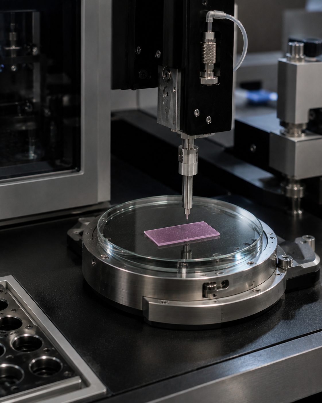 Analytical instrument dispensing onto a single colored oral film strip on a glass measurement stage in a cleanroom
