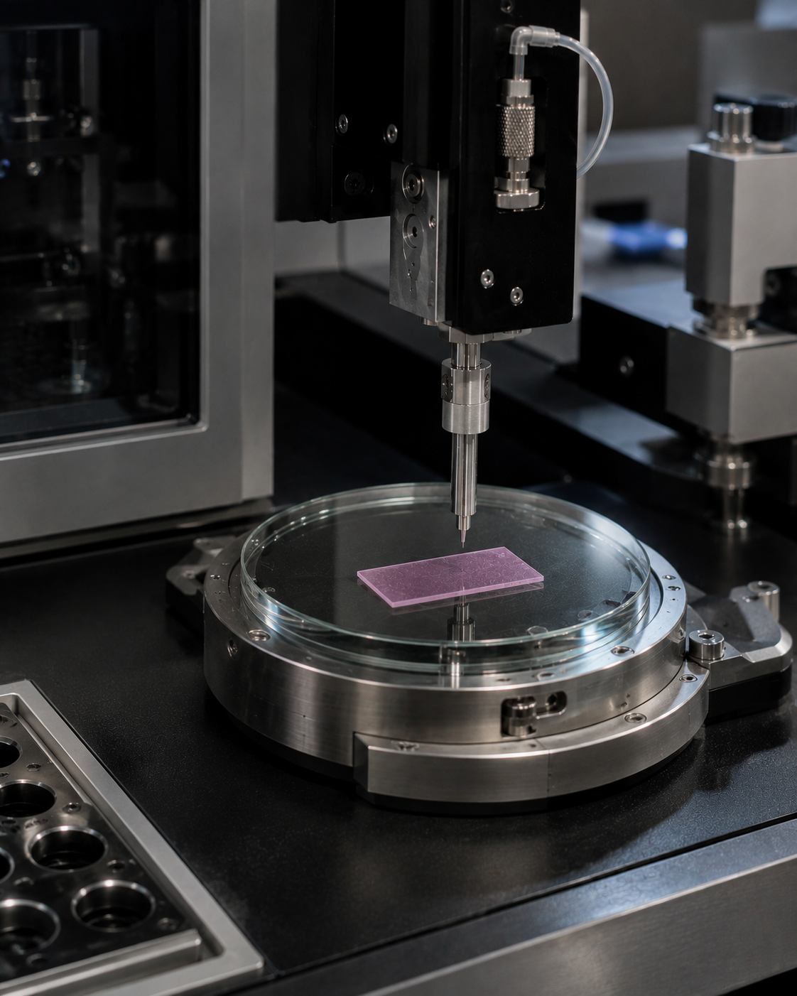 Analytical instrument dispensing onto a single colored oral film strip on a glass measurement stage in a cleanroom