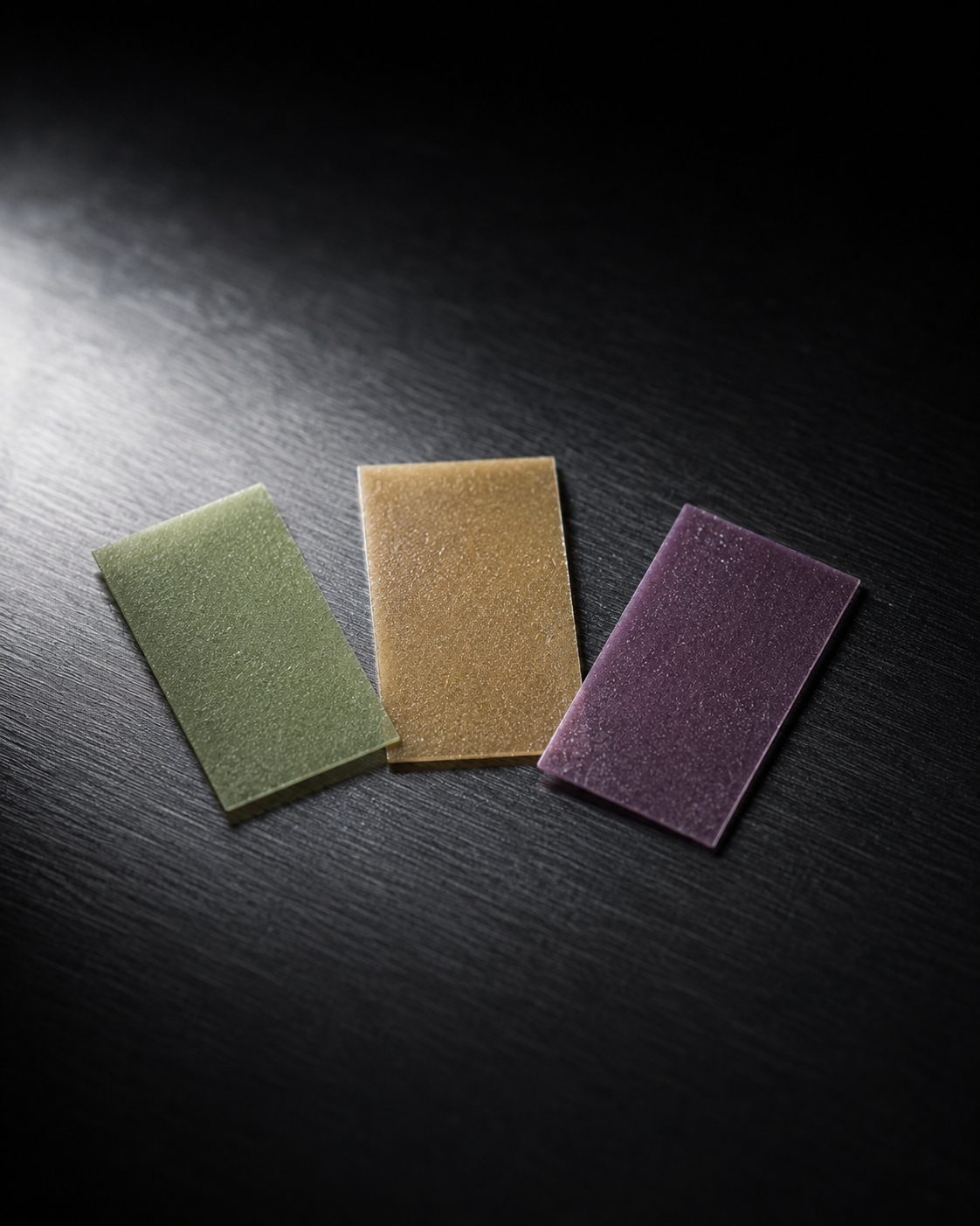 Three opaque oral dissolving film strips in mint green, citrus amber, and berry violet on a dark brushed surface